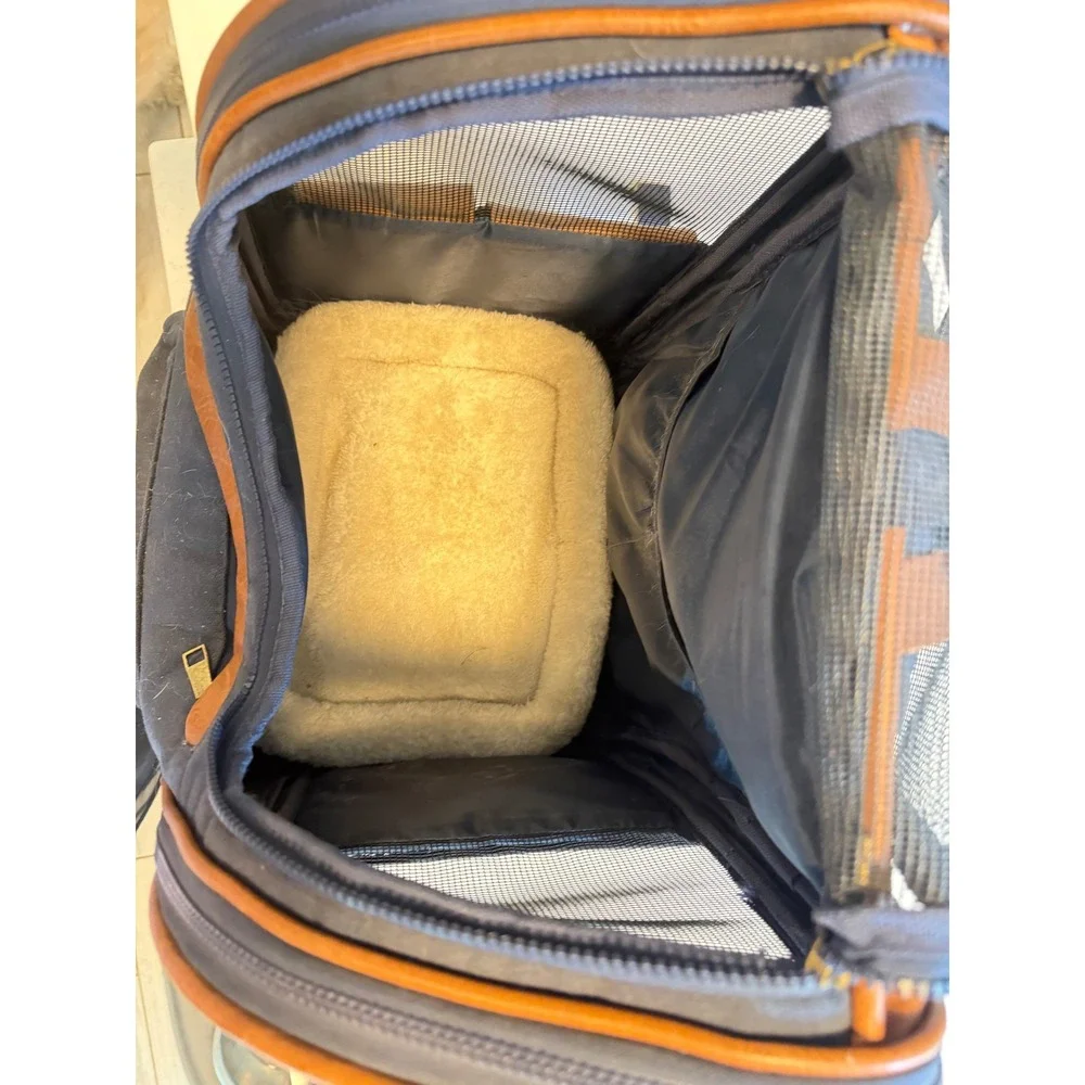 Pet Carrier Backpack Navy Canvas Faux Leather Trim Small Dog Cat Travel Bag